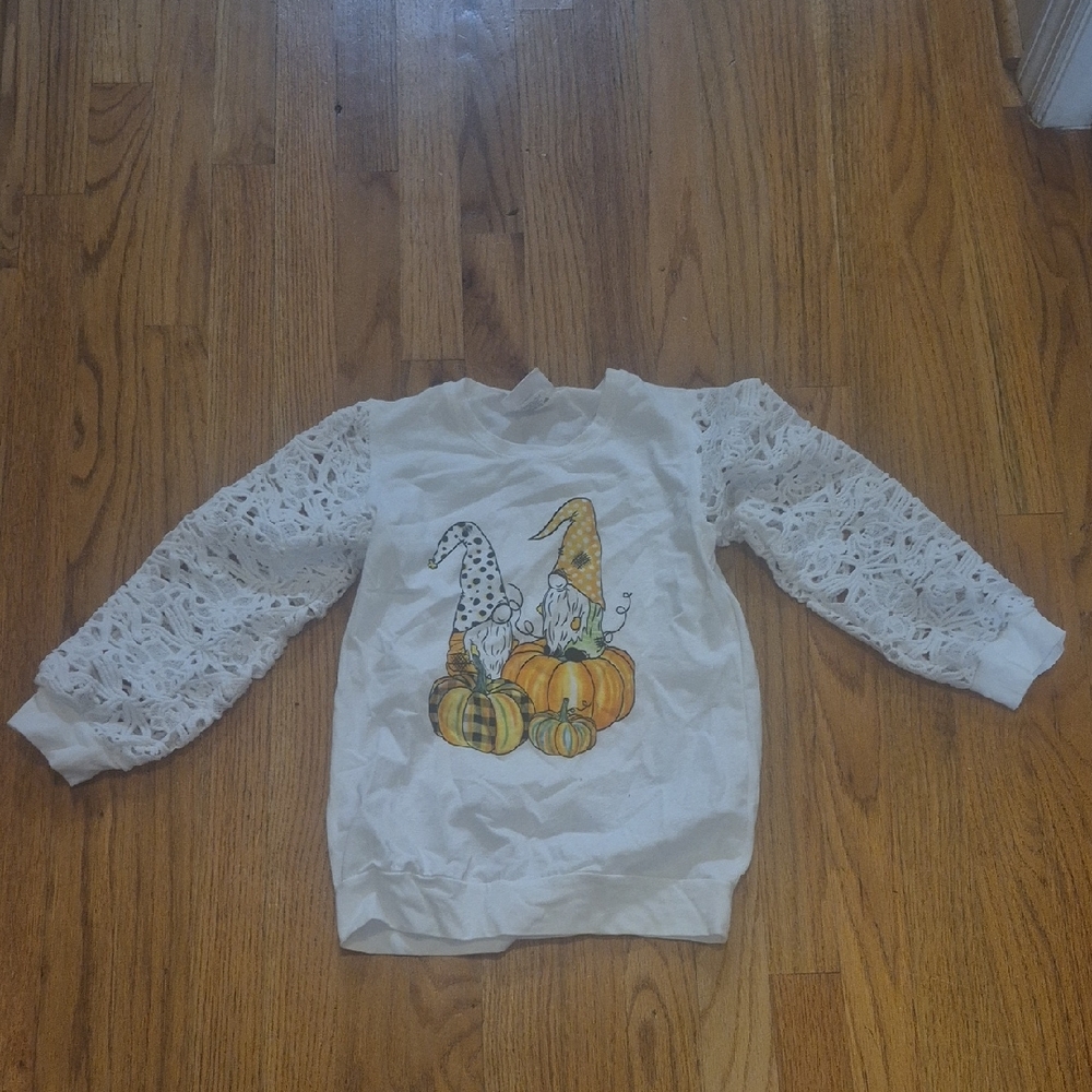 Kids White Sweatshirt with Pumpkin and Gnome Design